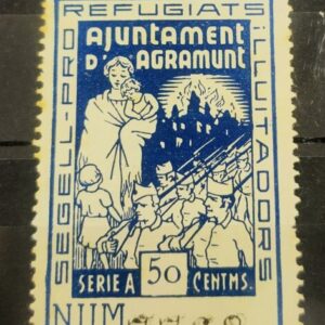 AGRAMUNT (LÉRIDA). 50 CTS AZUL SEGELL PRO REFUGIATS.
