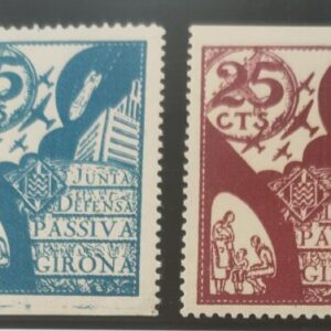 GERONA. EDIFIL 22/23 * 25 CTS AZUL Y MARRON JUNTA DE DEFENSA PASSIVA.