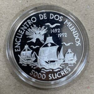 ECUADOR. AÑO 1991. 5000 SUCRES PLATA " ENCUENTRO ENTRE DOS MUNDOS ". PESO 27 GR.