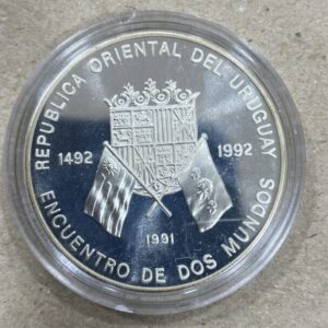 URUGUAY. AÑO 1991. 50.000 NUEVOS PESOS PLATA " ENCUENTRO ENTRE DOS MUNDOS ". PESO 27 GR