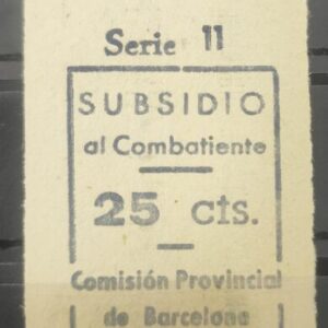 BARCELONA. EDIFIL 102 * 25 CTS AZUL S GRIS SUBSIDIO AL COMBATIENTE.