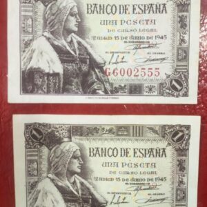 ESPAÑA. EDIFIL 448a. 1 PTA 15 DE JUNIO DE 1945. LOTE DE 2 BILLETES.