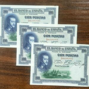 ESPAÑA. EDIFIL 350. 100 PTAS 1 DE JULIO DE 1925 SERIE D. LOTE DE TRES BILLETES CORRELATIVOS.