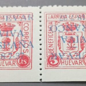 HUEVAR ( SEVILLA ) EDIFIL 134 *  5 CTS ROJO PAREJA HORIZONTAL SOBRECARGADA.