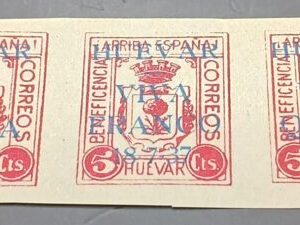 HUEVAR ( SEVILLA ) EDIFIL 144 *. 5CTS ROJO, TIRA DE TRES SOBRECARGADA.