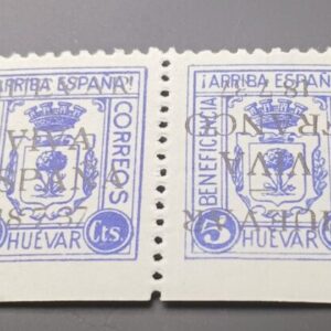 HUEVAR( SEVILLA ) EDIFIL 141 hi * . 5 CTS VIOLETA PAREJA HORIZONTAL SOBRECARGA ARRIBA ESPAÑA.