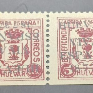 HUEVAR ( SEVILLA ) EDIFIL 122 * PAREJA HORIZONTAL SOBRECARGADA  COLOR CASTAÑO VIOLETA