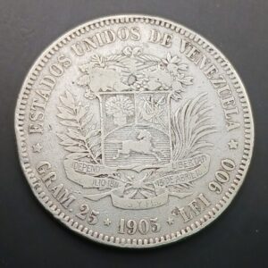 VENEZUELA. AÑO 1905. 5 BOLIVIARES PLATA " BOLIVAR LIVERADOR ". PESO 24,8 GR