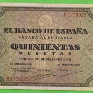 EDIFIL 433. 500 PTAS 20 DE MAYO DE 1938. CONSERVACIÓN BC.