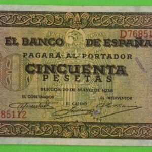 EDIFIL 431b. 50 PTAS 20 DE MAYO DE 1938 SERIE D. CONSERVACIÓN MBC-