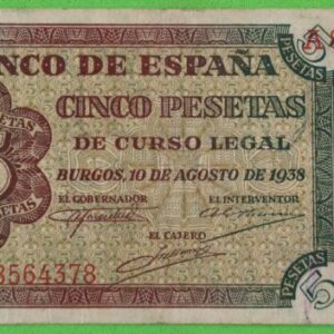 EDIFIL 435. 5 PTAS 10 DE AGOSTO 1938 SERIE A. CONSERVACIÓN MBC.
