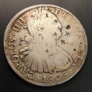 AÑO 1806. CARLOS IIII 8 REALES PLATA MEXICO RESELLOS ORIENTALES. PESO 26,8 GR