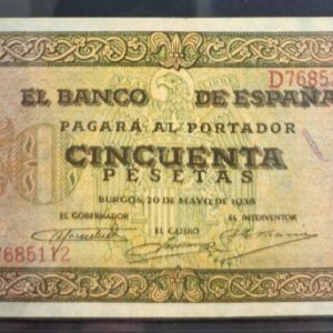 EDIFIL 431b. 50 PTAS 20 DE MAYO DE 1938 SERIE D. CONSERVACIÓN MBC-