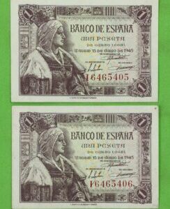 EDIFIL448a. 1 PTA 15 DE JUNIO 1945. LOTE DE 4 BILLETES. CONSERVACIÓN EBC+