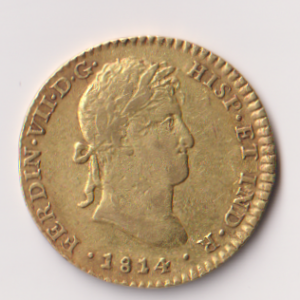 ESPAÑA AÑO 1814 FERNANDO VII 2 ESCUDOS ORO CADIZ