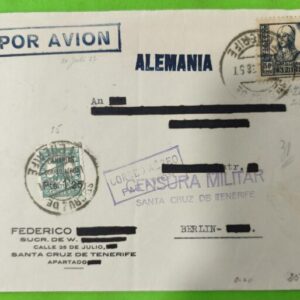 SANTA CRUZ DE TENERIFE (CANARIAS) A BERLIN (ALEMANIA). AÑO 1938.