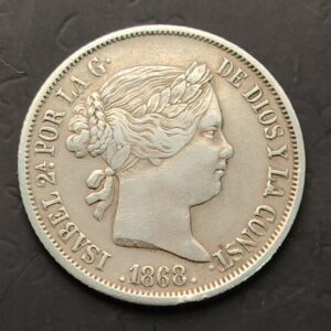 ESPAÑA AÑO 1868 ISABEL II 20 CTS DE PESO PLATA MANILA