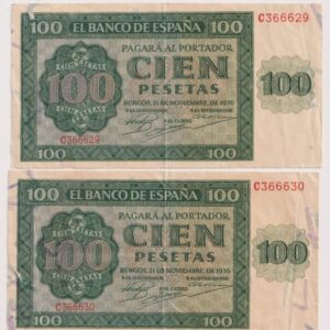 EDIFIL 421 a. 100 PTAS 21 DE NOVIEMBRE 1936 SERIE C. PAREJA CORRELATIVA. CONSERVACIÓN MBC.