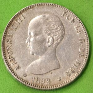AÑO 1892.- 2 PTAS PLATA ALFONSO XIII. PESO 10 GR