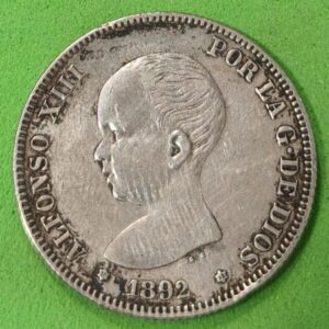ESPAÑA. AÑO 1892.- 2 PTAS PLATA ALFONSO XIII. PESO 9,9 GR