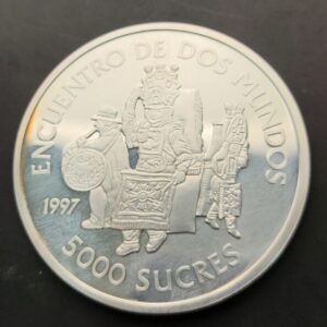 ECUADOR. AÑO 1997. 5000 SUCRES PLATA (925) III ENCUENTRO ENTRE DOS MUNDOS, DANZAS Y TRAJES TIPICOS. PESO 27 GR
