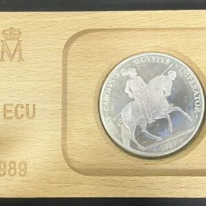 ESPAÑA , AÑO 1989 , 5 ECU PLATA (925) , "CARLOS I" , PESO 33,62