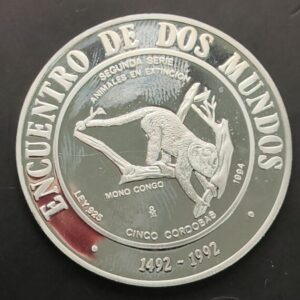 NICARAGUA. AÑO 1994. 5 CORDOBAS PLATA  II SERIE IBEROAMERICANA " MONO CONGO ". PESO 27 GR